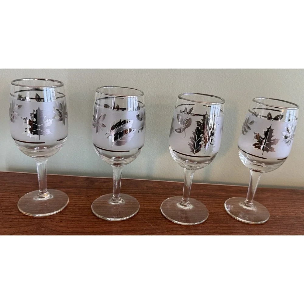 4 Vintage Libbey Glass Co. Silver Leaf Rimmed / Frosted Wine Glasses 5.75
